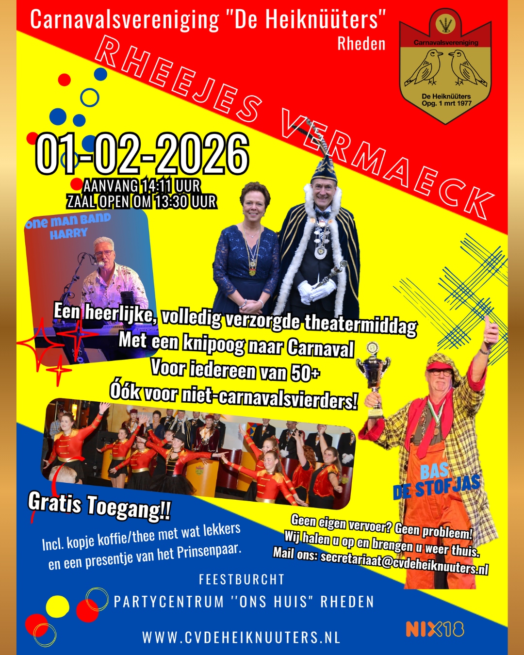 Gezellige middag met een carnavalesk tintje voor alle 50+-ers: Het Rheejes Vermaeck!